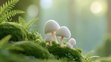 青翠苔藓上的白色蘑菇群