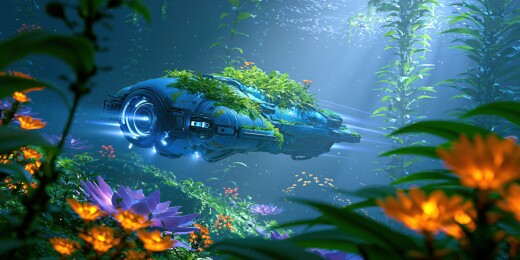 在彩色珊瑚鱼群中水下潜航器3D卡通背景