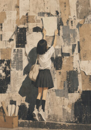 校园女生在海报墙张贴纸张