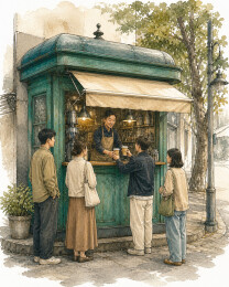 街角咖啡亭店员递杯