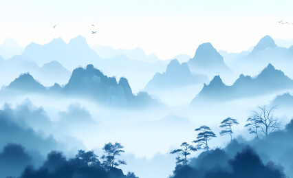 朦胧山峦水墨画