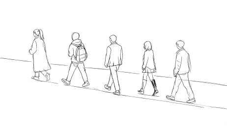 黑白简笔画人物街头行走场景
