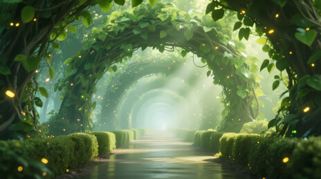 翠绿藤蔓拱门下的梦幻小径