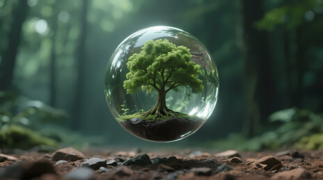 悬浮玻璃球中的翠绿微树
