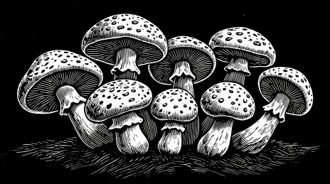 黑白线条勾勒斑点蘑菇群