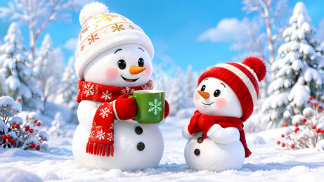双雪人白帽红帽互动3D卡通图