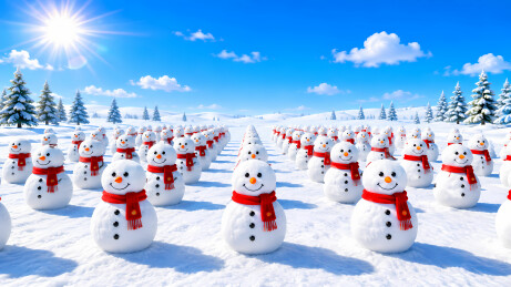 雪人红围巾阵列蓝天3D卡通图