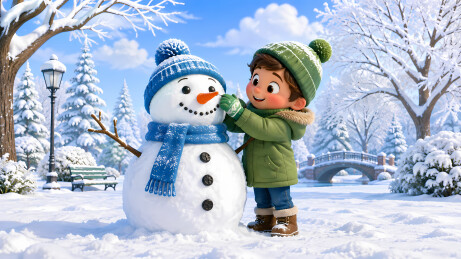 儿童绿衣雪人蓝围巾3D卡通图