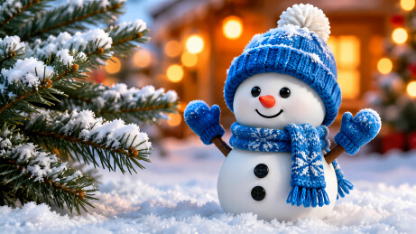 雪人蓝帽蓝手套松枝3D卡通图