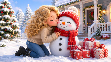 少女亲吻雪人圣诞礼物3D图