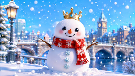雪人王冠红围巾城市雪花3D图