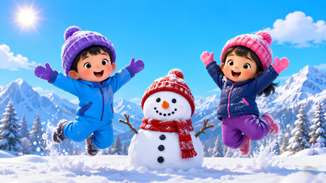 两儿童跳跃雪人雪山3D图