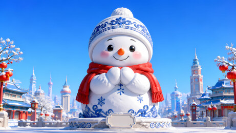雪人白帽蓝图案红围巾3D卡通图