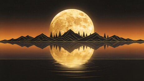 满月山峦湖面倒影夜景插画