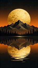 满月山峦湖面倒影夜景插画
