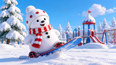 雪人白帽红围巾滑雪板3D图
