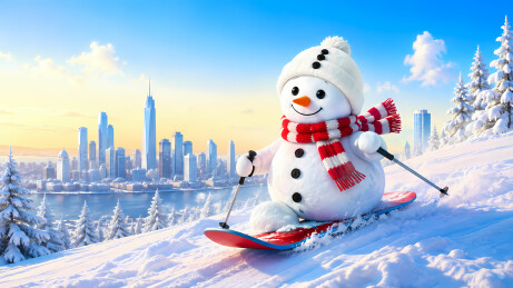 雪人白帽红白围巾滑雪杖3D图