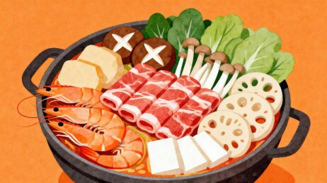 丰盛一锅火锅食材手绘插画