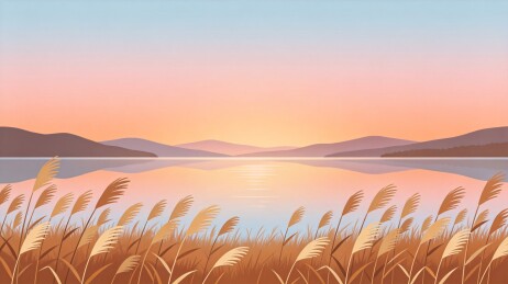 湖畔芦苇落日扁平风景插画