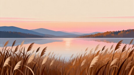 湖畔芦苇落日扁平风景插画
