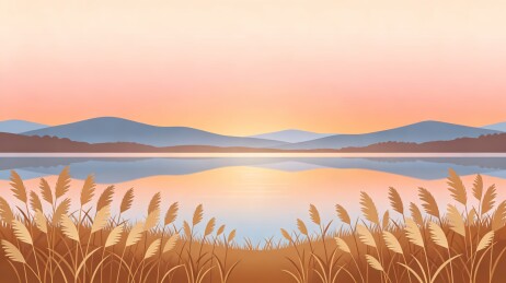湖畔芦苇落日扁平风景插画