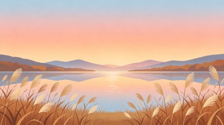 湖畔芦苇落日扁平风景插画