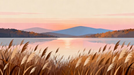 湖畔芦苇落日扁平风景插画
