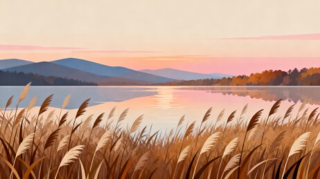 湖畔芦苇落日扁平风景插画