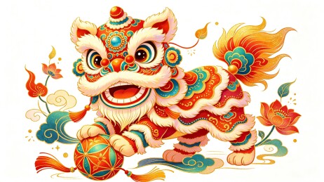国潮喜庆舞狮绣球新春插画