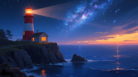 悬崖灯塔照亮梦幻海岸夜空