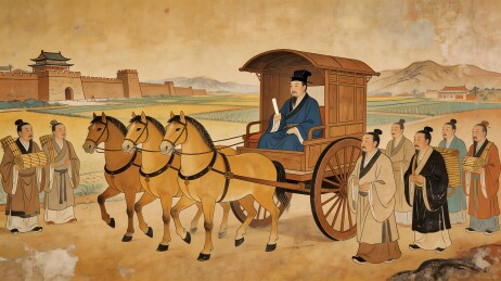 古代官员乘车出行随从图