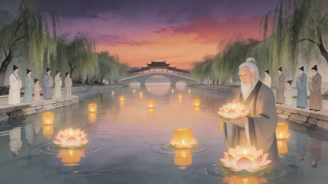 古代人物河边放荷灯祭祀场景