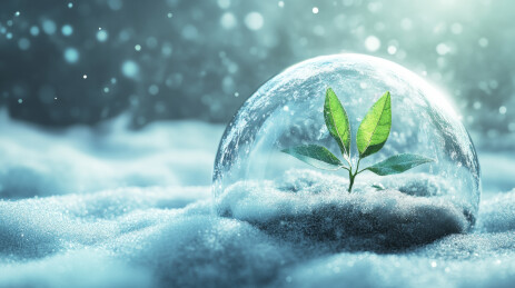 冰雪中守护新生绿芽