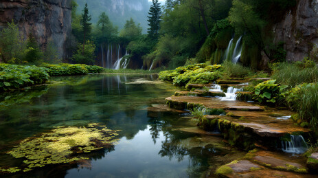 山涧瀑布与青苔石阶溪流景观