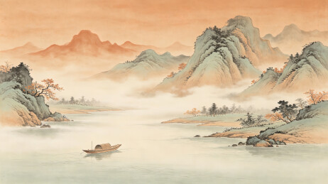 暖调湖畔孤舟层叠山峦传统国风山水古画