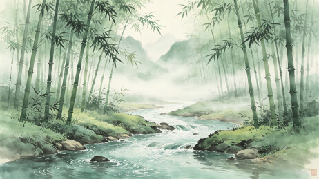 清幽竹林山涧溪流新中式写意水墨风景画