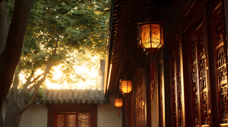 中式庭院夕阳下的古建灯笼光影