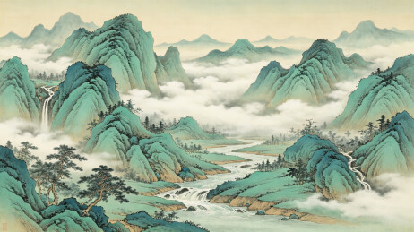 青绿国风山水长卷群山飞瀑云海松林