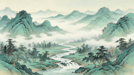 青绿国画山间长河瀑布松林山水盛景