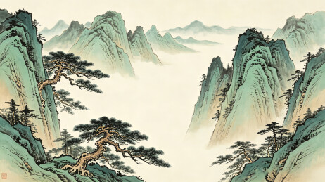 青绿山水国画迎客松伫立陡峭山崖间