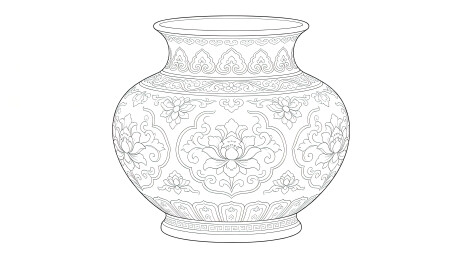 牡丹花纹仿古瓷瓶精致白描线稿图样