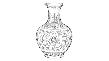 缠枝牡丹中式花瓶精致黑白白描线稿