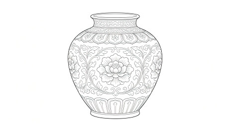 缠枝牡丹瓷瓶中式传统器物黑白线稿纹样