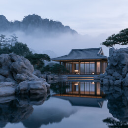 灰瓦亭台奇石镜池松树景  