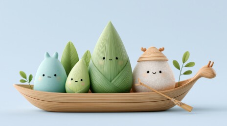 卡通粽子与饭团乘竹舟
