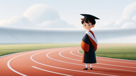 毕业礼服少年站在跑道上