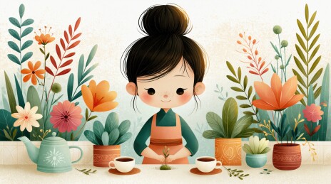 插画女孩在花丛中品茶