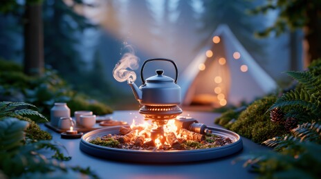 森林篝火旁的煮茶场景