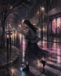 雨夜街角抱花行走的女子