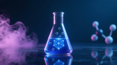 蓝液烧瓶与紫色烟雾分子模型